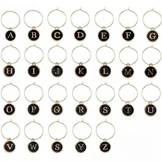 26 Peças de Marcadores para Taças de Vinho, Pingentes de Letras DIY, Anéis Decorativos, Aros de Metal