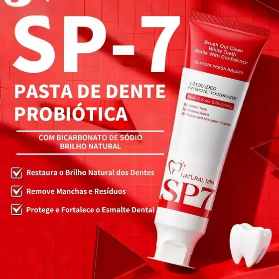 Pasta de Dente Probiótica com Bicarbonato de Sódio SP-7, Brilho Natural, Hálito Fresco 24h