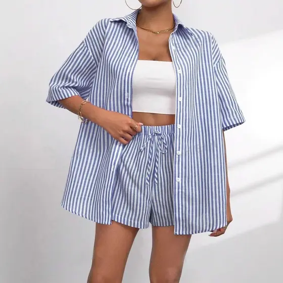 2026 primavera verão Cross-Border europeu americano feminino novo estilo moda lapela listrado Shorts de manga curta Casu