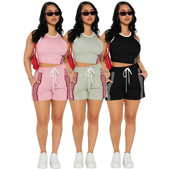 F6061 Moda feminina europeia americana Casual colete e listras laterais estilo esportivo Shorts de bolso com cordão conj