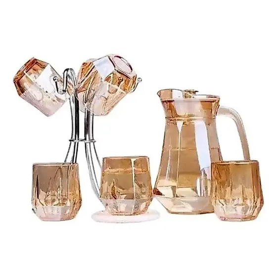 Jarra de Vidro com 4 Copos Âmbar Facilite Jogo Suco Água Refresco Mesa Posta Conjunto Bebidas Casa