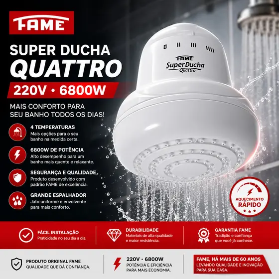 Chuveiro Ducha Elétrica Fame Super 4T 6800W 220V - Econômico e Resistente
