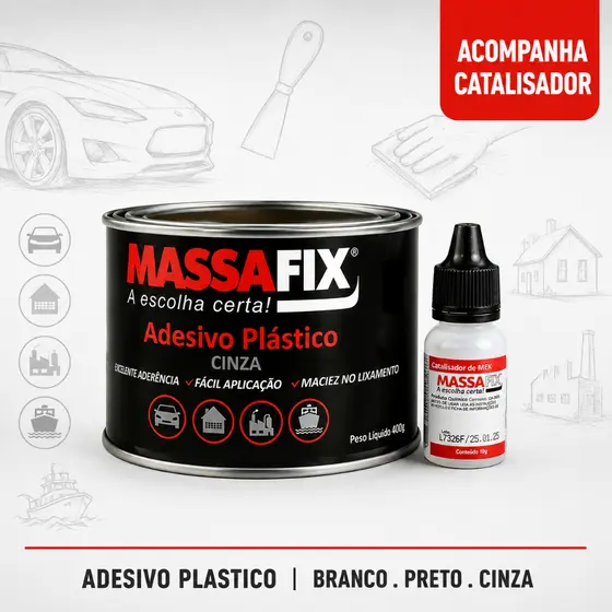 Massa Plástica MassaFix 400g Branco Preto Cinza com Catalisador Reparo Carro Mármore Granito Cuba