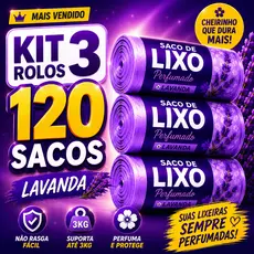 3 Rolos Saco Lixo Perfumado Lavanda 120 Sacos Resistente Para Banheiro Cozinha Lixeira 10L Anti Odor