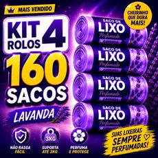 4 Rolos Saco Lixo Perfumado Lavanda 160 Sacos Resistente Para Banheiro Cozinha Lixeira 10L Anti Odor
