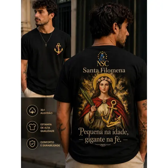 Camiseta Santa Filomena Unissex Algodão 30.1 Estampa Premium Fé Católica