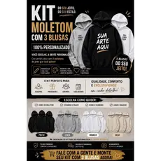 Kit Com 3 Moletons Personalizados Faça sua Logo Com a Estampa Preferida Uniforme Empresa 100% Algodão Moletom Capuz