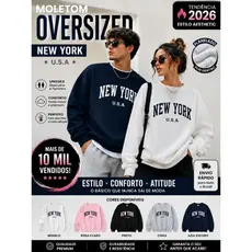 Moletom Blusa de Frio Casaco Feminino Masculino Jaqueta Feminina Gola Redonda Estampado Unissex Oversized New York