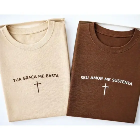 Kit 2 Camisetas Religiosas Seu Amor me Sustenta Tua Graça Me Basta 100% Algodão Confortável Lindas