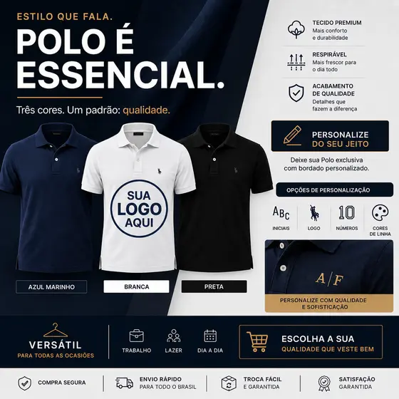 Kit Camiseta Polo Personalizada  Branco Preto e Azul Marinho