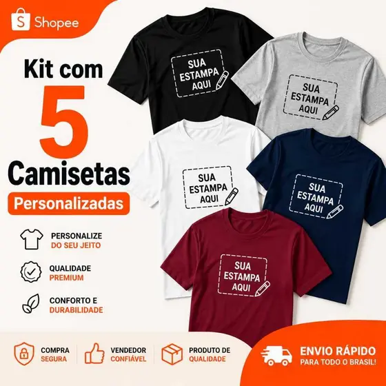 Kit Com 5 Camisetas Personalizadas de Algodão Farda Personalizada Uniforme Empresa Faça sua Logo com a Estampa Preferida