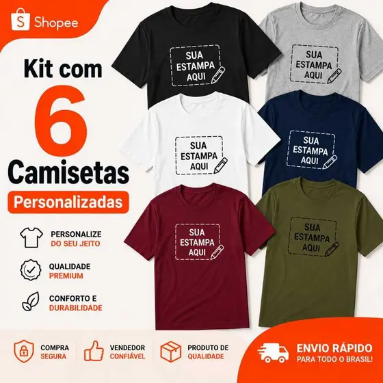 Kit Com 6 Camisetas Personalizadas de Algodão Farda Personalizada Uniforme Empresa Faça sua Logo com a Estampa Preferida