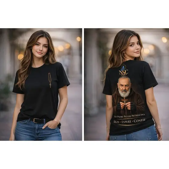 Camiseta São Padre Pio De Pietrelcina Católica l Reze Espere Confie Estampa Religiosa l Frente E Verso l Unissex