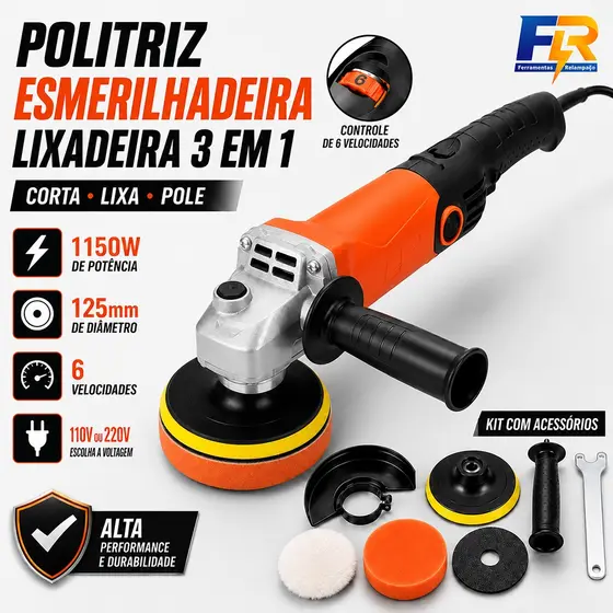 Esmerilhadeira Politriz e Lixadeira 3 em 1 125mm 1150W com 6 Velocidades 110V Kit Completo