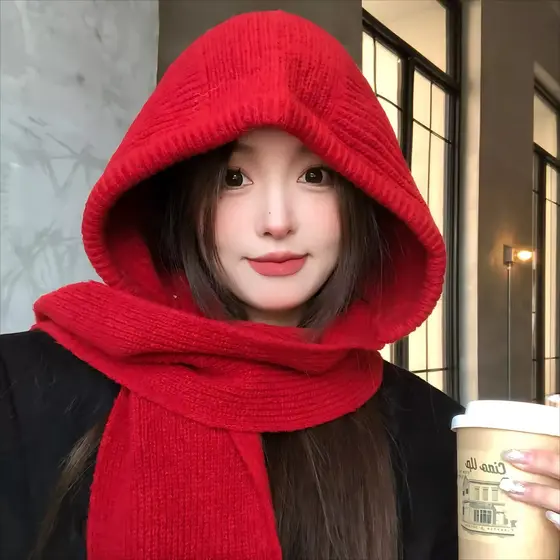 Chapéu vermelho Balach Lafa feminino inverno quente chapéu de malha engrossado chapéu de lã cachecol integrado babador c