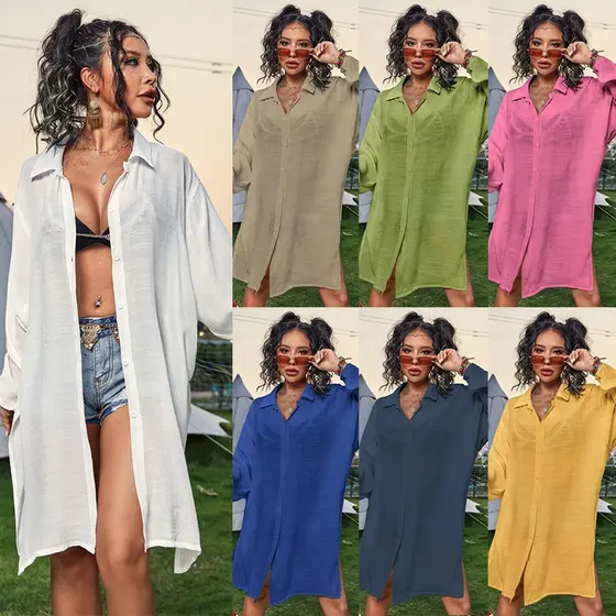 2023 novo estilo Slub algodão camisa de manga comprida estilo praia blusa férias protetor solar roupas biquíni maiô exte