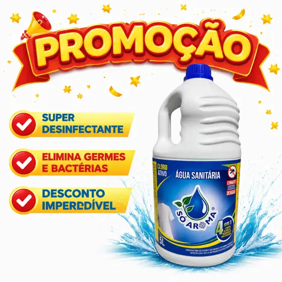Água Sanitária 5 Litros 2 litros 1 litro  Limpeza Pesada Desinfetante Bactericida Uso Doméstico Só Aroma