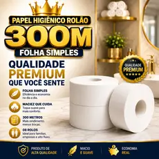 Papel Higiênico Rolão 300m C/8 Rolos Folha Simples Super Macio Alto Rendimento Para Dispenser