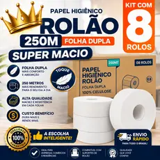 Papel Higiênico Rolão 250m C/8 Rolos Folha Dupla Super Macio