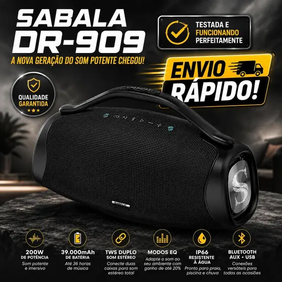 Caixa De Som Sabala Dr-909 Bluetooth 39000mah 200w IP66 Resistente a Agua - Original