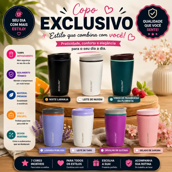 Copo Térmico Aço Inox Premium Com Tampa Hermética P/Café 350ml/600ml - EXCELLING - EX-515/516