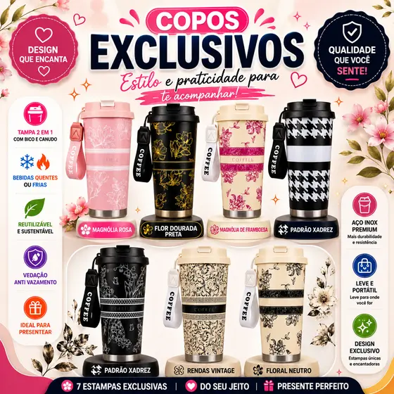 Copo Térmico Inox Antivazamento Alça Transporte Luxo Estampa 3D-5D - 520ml Café/Chá EXCELLING-EX-510