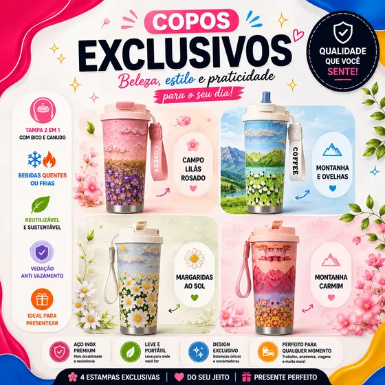 Copo Térmico Inox  Estampa Floral 3D-5D Coffee 520ml Alça Transporte Quente/Frio EXCELLING -EX-509