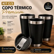 Kit 3 Copos Térmico 500ml Inox Para Cerveja Mantém Gelado 4 horas + Abridor Bar Churrasco ZQL-014