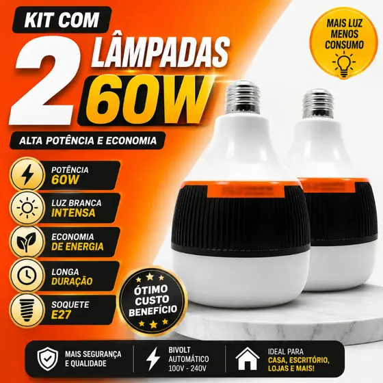 KIT C/ 2 Lâmpada De Emergência 60W-Bivolt Bocal E27