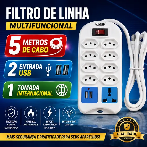 Extensão Filtro de Linha 5 Metros 9 Tomadas- 8 de 3Pinos /1 Universal + 2 USB