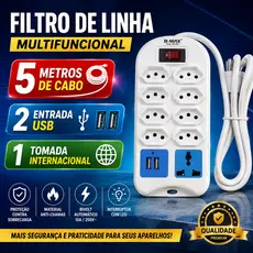 Extensão Filtro de Linha 5 Metros 9 Tomadas- 8 de 3Pinos /1 Universal + 2 USB