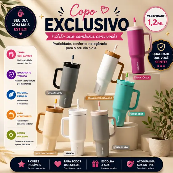 Copo Térmico Grande Alça Ergonômica Inox Premium e Canudo Reutilizável 1,2 Litros EXCELLING -EX-505