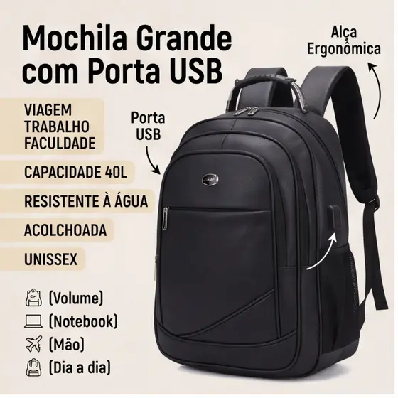 Mochila Grande com Porta USB Para Viagem Trabalho Faculdade Leve Resistente Notebook Bagagem de Mão Acolchoada Unissex