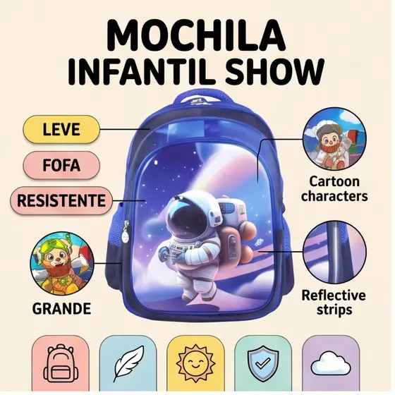 Mochila Infantil Masculina  Escola Leve fofa e Resistente Grande Capacidade Mochila Escolar Menino Menina Cor aleatória