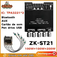 Placa Amplificadora digital bluetooth ZK-ST21 2.1 Canais 100W + 200W chip subwoofer TPA3221 DC12-30V 10A