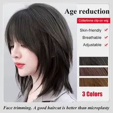 【Confortável e Elegante】Touca de peruca volumosa e curvada para dentro/Cabelo Sintético/Franja de Ar Feminina