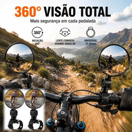 2 Espelhos Retrovisores de Guidão Acessórios de Bicicleta Grande Angular Rotação de 360 ​​Graus Seguro e Confiável