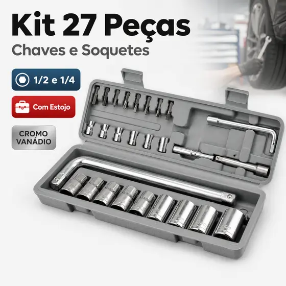 Kit Jogo De Ferramentas Soquetes 27 Peças Cromo Vanádio Completo Titanium