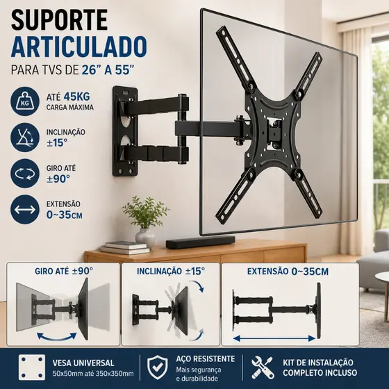 Suporte Tv Tri Articulado Lcd Led Plasma 26 A 55 Pol Para Parede