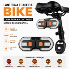 Lanterna Traseira Bike Eletrica com Seta Recarregável e Controle Sem fio USB 38 Leds