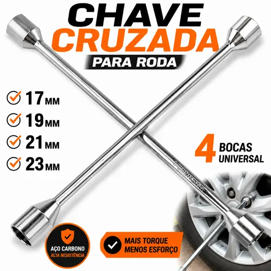 Chave de Roda Estrela Universal Para Carro 4 Bocas 17 19 21 23 Tipo Cruz