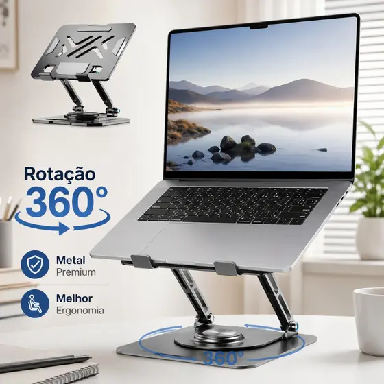 Suporte de Metal Ajustável Para Notebook 10 a 17" Dobrável 360° Giratório Reforçado Portátil Base Estável