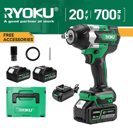 Chave Elétrica RYOKU Cordless 1/2 Com Projetos Domésticos DIY De Torque De 700N.M , Motor Sem Escova E 2 Baterias