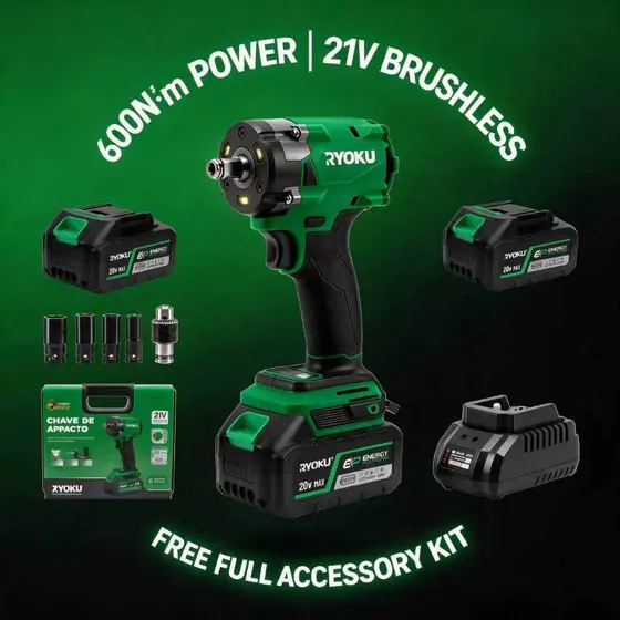 Chave De Impacto Sem Escova RYOKU Original Fio 1/2 E 1/4-Torque Máximo De 600N.M