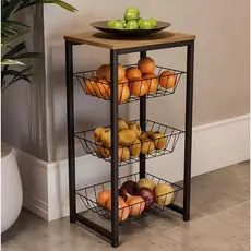 Fruteira de Chão Com Cestos Removiveis em Aço Resistente Suporta Até 25KG Não Balança Tampo MDF