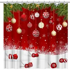 Cortina de Banheiro Vermelha com Enfeites de Bolas de Natal 72" x 72" Decorações de Festa de Natal com Neve Branca Tecid