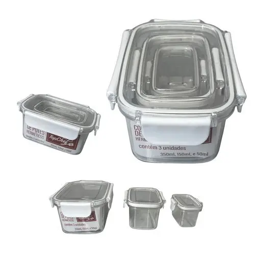Kit 3 Potes Hermeticos Retangulares Plastico Vedacao Segura Organizacao Cozinha