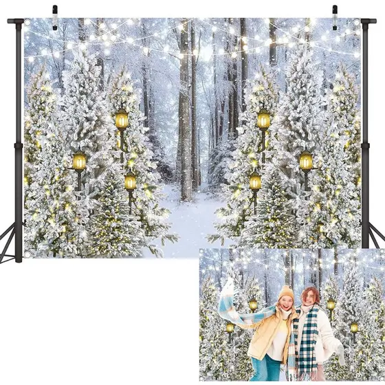 Cenário de Fundo para Fotografia: Floresta de Inverno com Flocos de Neve e Árvore de Natal, Decorações para Festas de Na