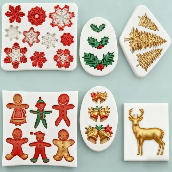 Conjunto de 6 Moldes de Silicone para Fondant de Natal, Moldes para Doces em Formato de Floco de Neve, Boneco de Neve, Á