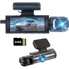 Câmera Veicular Frontal e Interna, Dashcams para Carros com Cartão de 64GB, Gravador de Trânsito, Visão Noturna IR, Grav